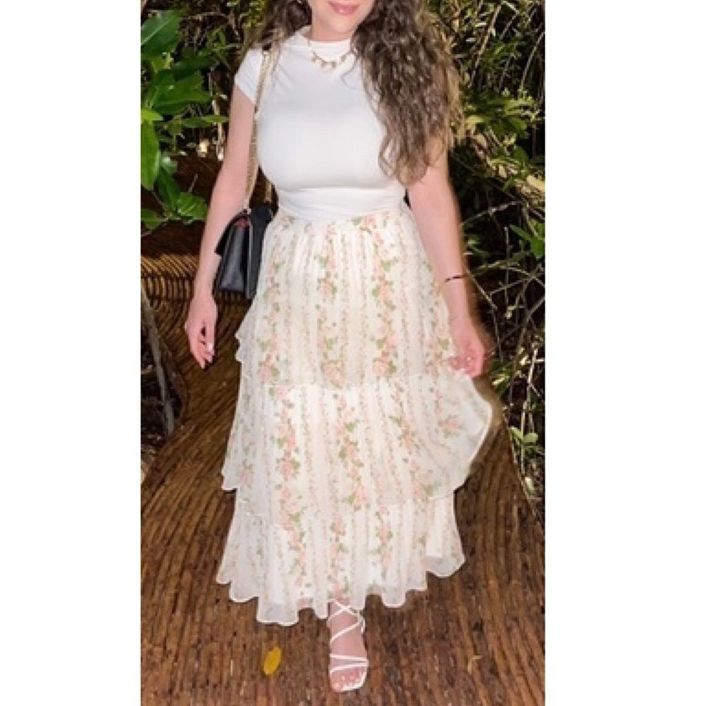 RACHEL PARCELL Pleated Tiered Chiffon Maxi Skirt in Ivory Size Medium
